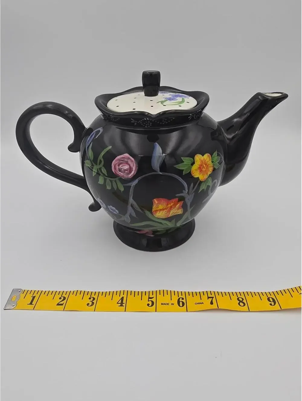 Vintage Bella Casa Ganz Black Floral Teapot Hand Painted w/ Original Sticker